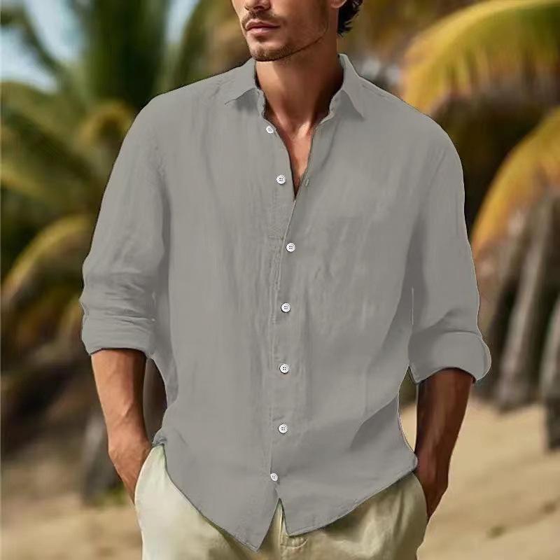 Men's Cotton Linen Solid Short Sleeve Button Shirt for Spring/Summer Beach Wear.