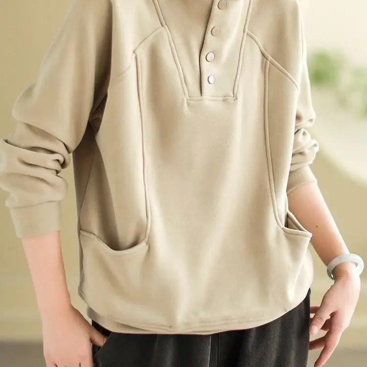 Warm Thermal Sweatshirt Women's Loose Cover-up Design Button Half High Collar Velvet Polyester Full Sleeve Casual Top