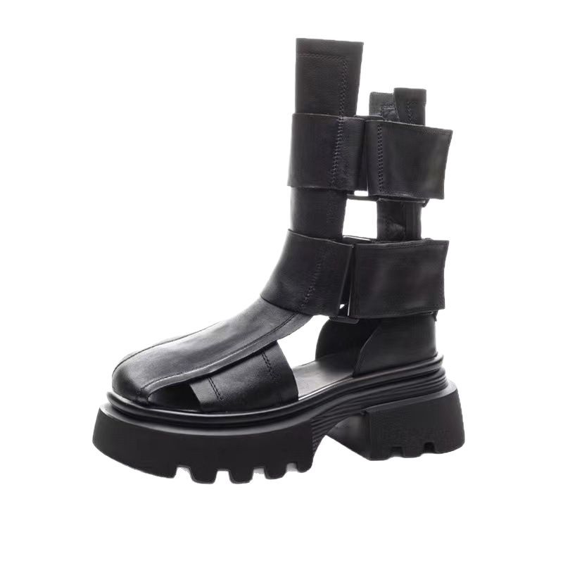 

Модные 6 см Мокасины Женские Ботильоны на танкетке Ретро Летние Этнические Ботинки на платформе с крючком Натуральная кожа Сапоги до колена Полые Дышащие Туфли 40 чёрный