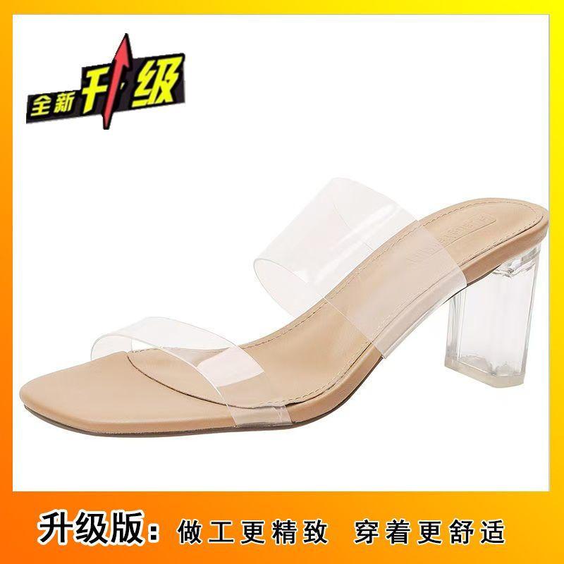 2025 new open-toed transparent word with waterproof table slippers women's simple crystal thick heels high heels sandals