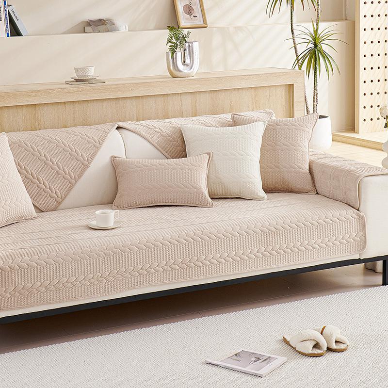 Cream Style Short Plush Sofa Cushion Solid Color Non-Slip Leather Sofa Cover Modern Simple Sofa Cloth Autumn and Winter