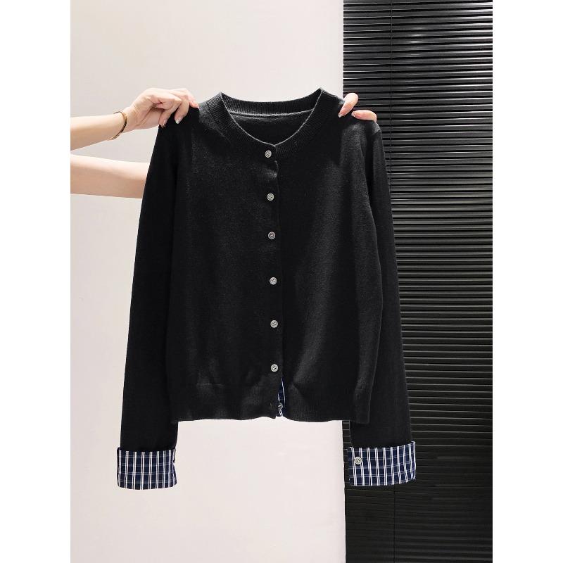 Plaid splicing single-breasted cardigan women's spring and autumn fashionable top knitted sweater versatile jacket