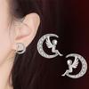S925 Silver Angel Wing Moon & Heart Stud Earrings - Korean Winter Style