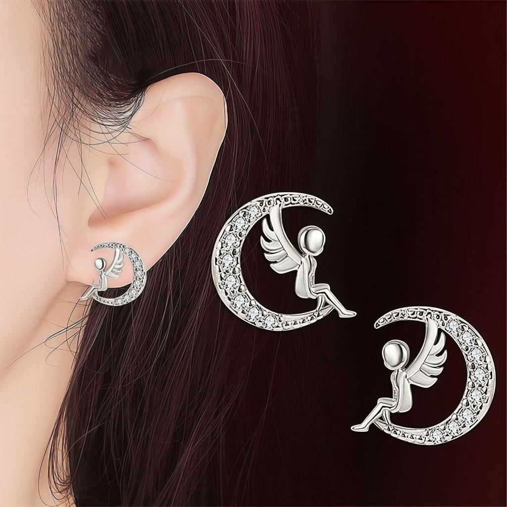 S925 Silver Angel Wing Moon & Heart Stud Earrings - Korean Winter Style