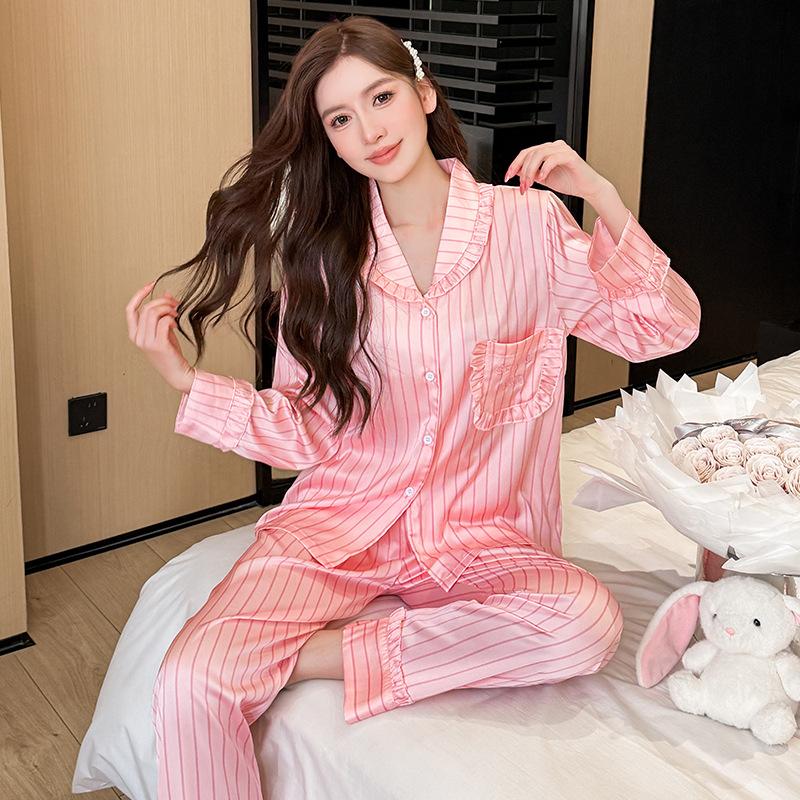1011 autumn new ice silk pajamas women's long-sleeved trousers thin cute striped printed loungewear set