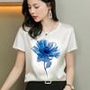 Women's White Silk-Cotton Splicing T-Shirt: 2025 Summer Loose-Fit Korean Style with Mulberry Silk and Short Sleeves, Printed Design.
