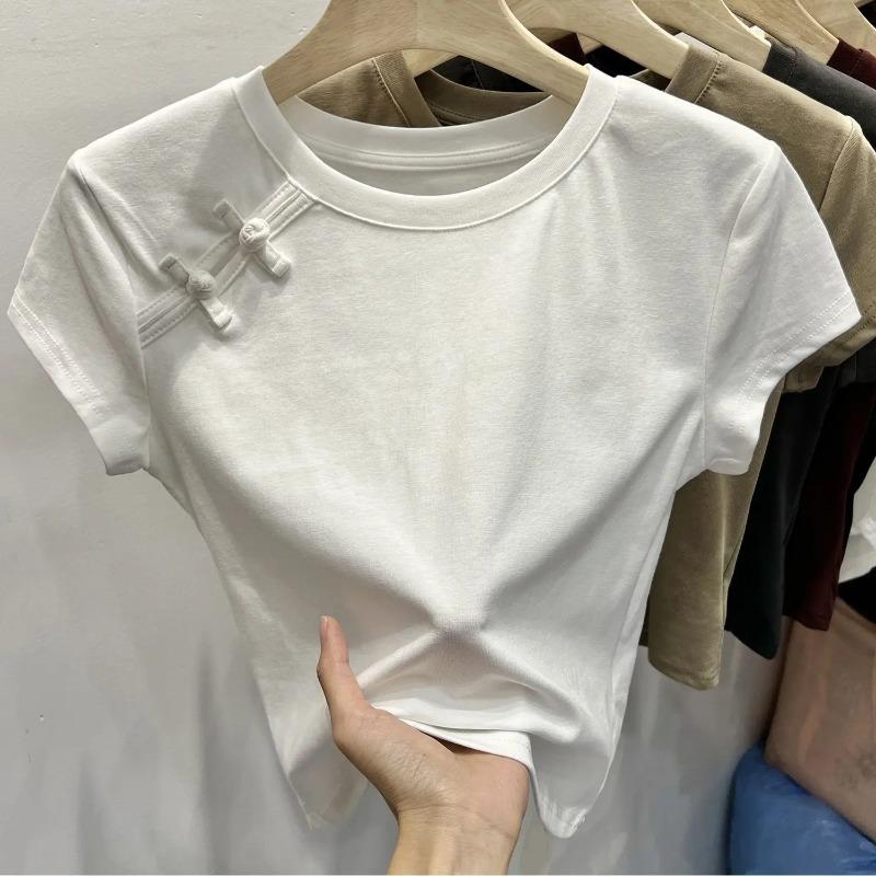 Chinese Style Summer T Shirts Women Crop O Neck Gentle Buttons Soft Designed Short Sleeve Pure College Retro