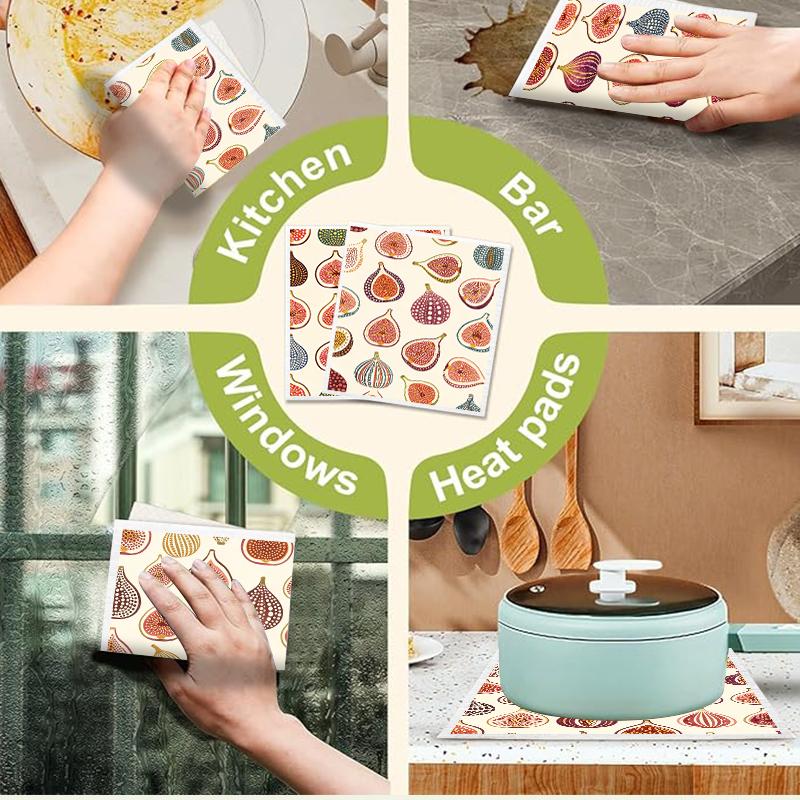 6PCS Cleaning Dishcloths Reusable Kitchen Dish Towels Vintage Fig Fruits Pattern Dishcloth Absorbent Lint Free Cloth Washable Duster Rags Tea Towels