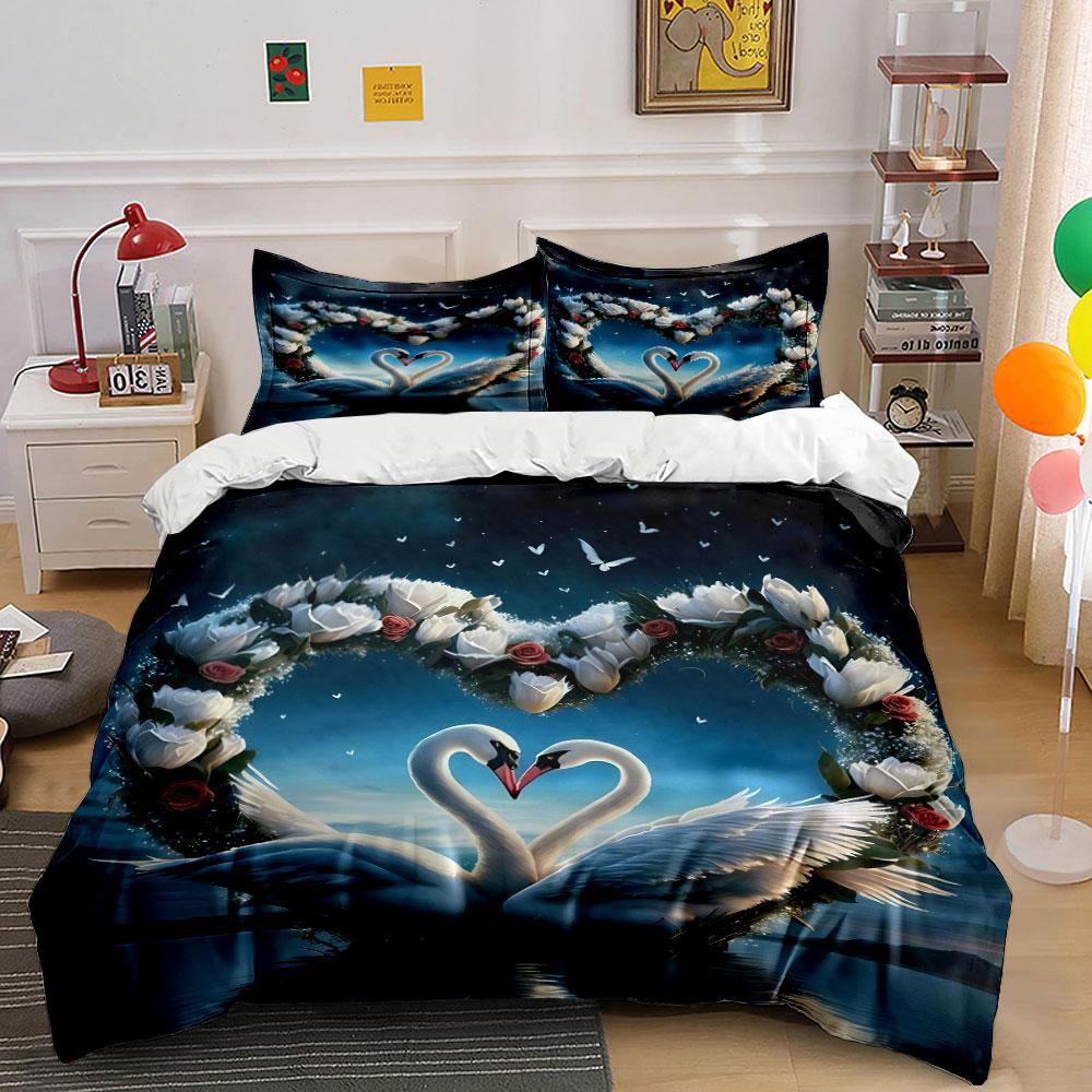 Swan Pair, Floral Heart. Bedding Sets Duvet Cover Sets Duvet Covers Pillowcases(1 * Duvet Cover 2 * Pillowcases Without Duvet Insert)