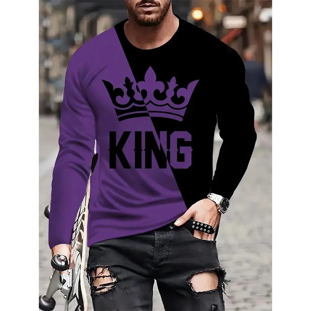 Spring and Autumn Round Neck 3D King Pattern Color Block Printed Top Fashionable Casual Long Sleeved Men's T-shirts