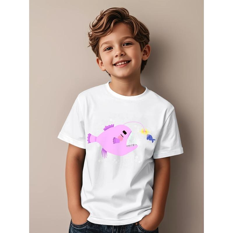 Children Crew Neck Short Sleeve T-Shirt with Anglerfish Print