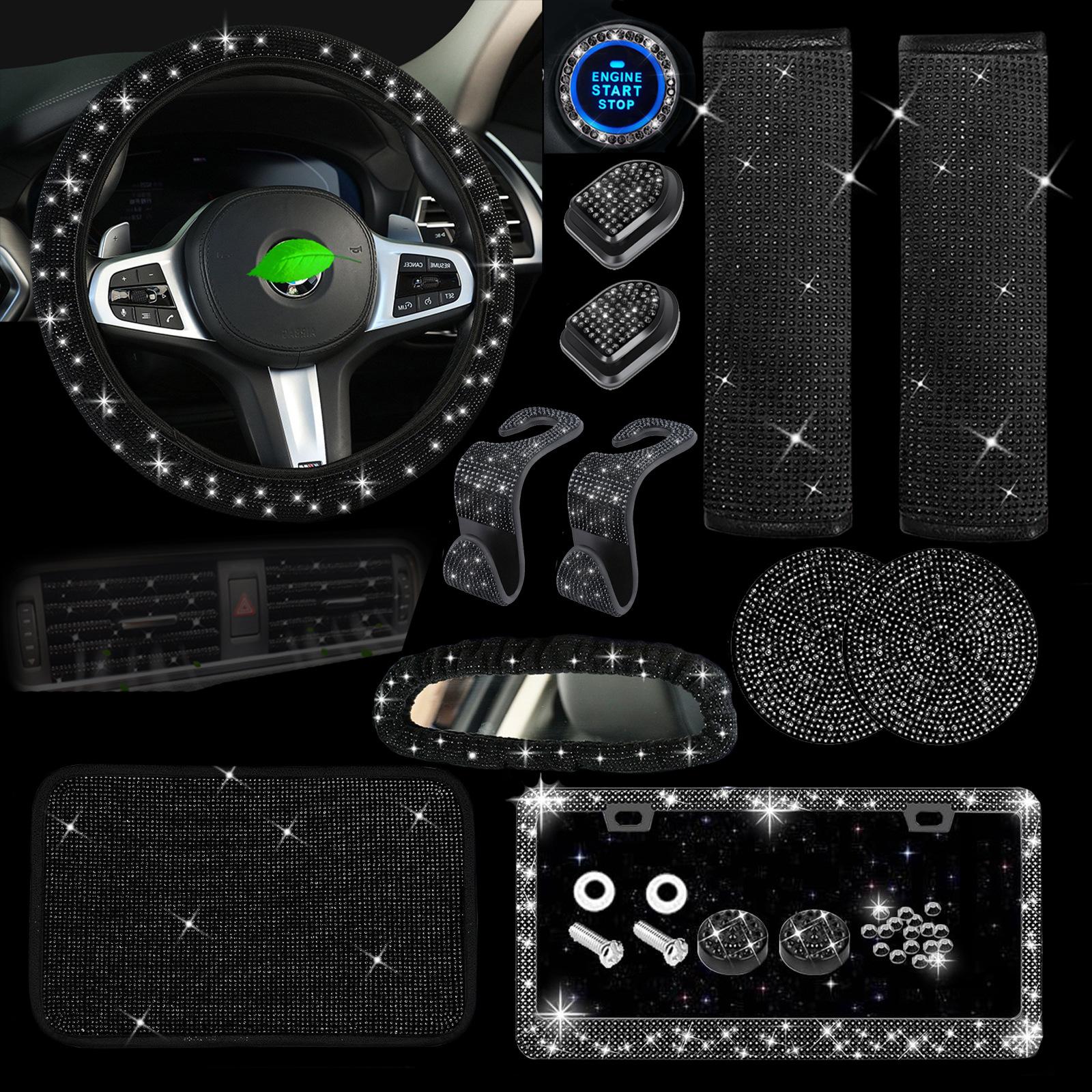 23-Piece Full Diamond Bling Car Accessories Gear Shift Knob Cushion Car Steering Wheel Cover Set 38cm чёрный