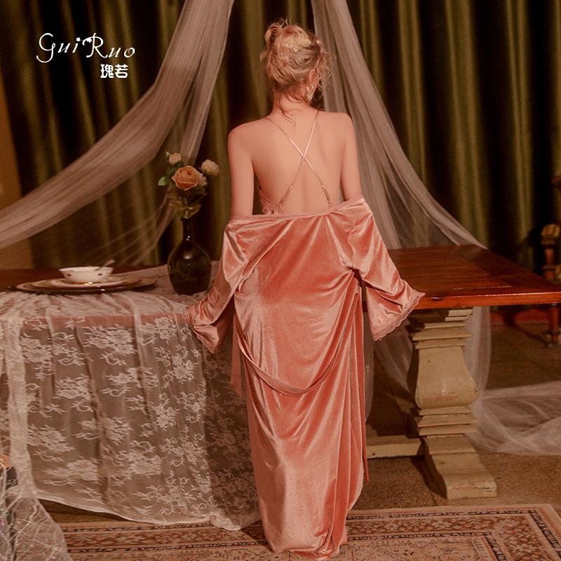 Women's Velvet Lace Padded Backless Cami Sleep Dress with Tie Robe Lounge Set