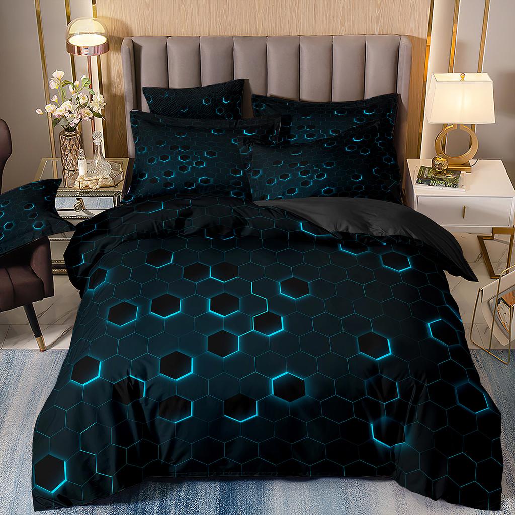 Abstraktes 3D-Druck-Bettwäscheset mit geometrischem Karomuster, vierteilig, dreiteilig