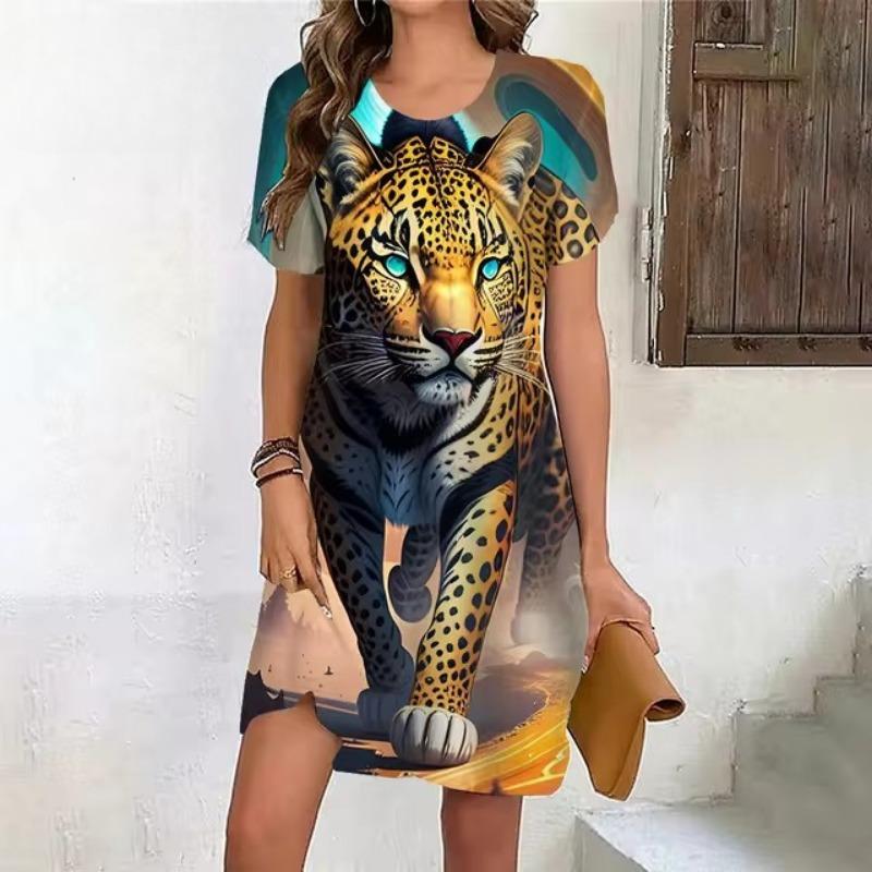 

Платья с тигровым принтом для женщин, повседневное винтажное платье с 3D-принтом, женское модное платье с коротким рукавом и большими размерами, летняя одежда XL