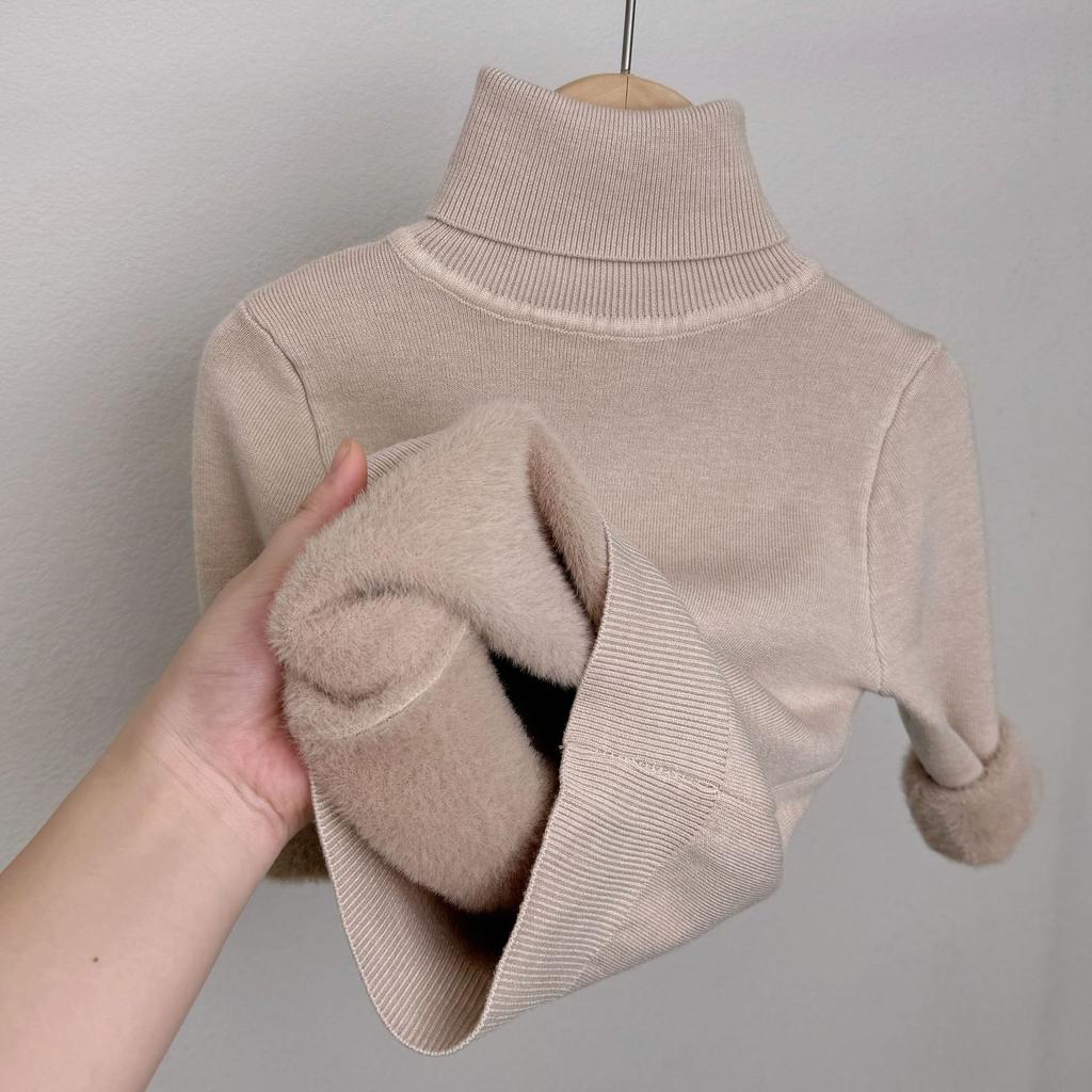 Girls Thick Fleece Lined High Neck Knitted Sweater Kids Winter Warm Bottoming Top