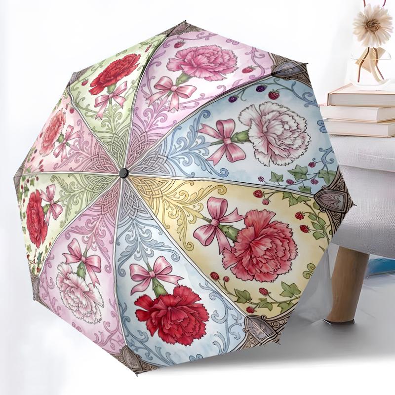 1pc Sturdy 8-Bone Auto Umbrella, Rich Red Rose Mellow Bloom Visions Umbrella, Digital Printed, Foldable Umbrella for On-the-Go Outdoor Use