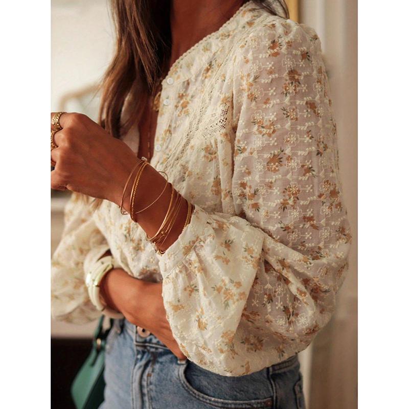 Spring Women's Casual Elegant Lace Print Blouse Polyester Spandex Floral Print Long Sleeve Round Neck Regular Sleeve Shirt