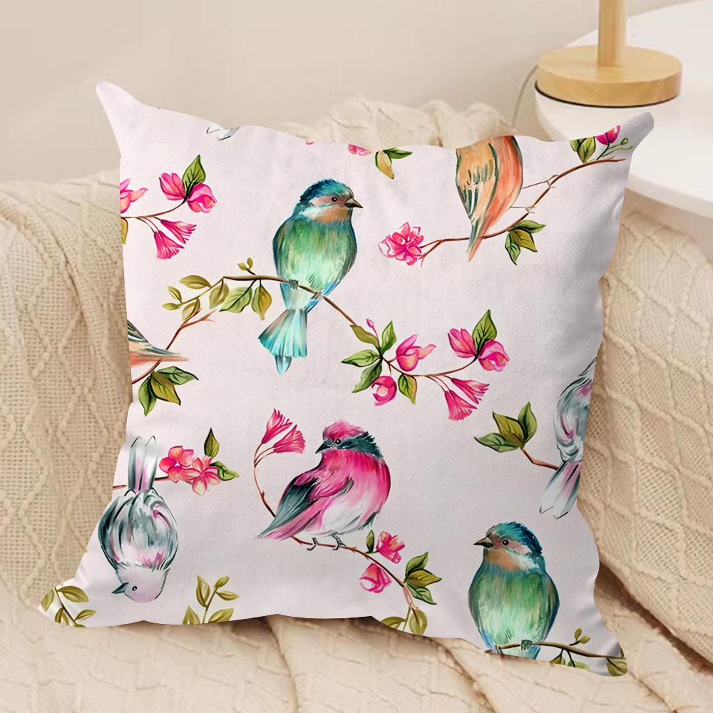Lovely Bird Retro Cushion Cover Silky Short Plush Invisible Zipper Dustproof Sofa Pillow Case For Home Decor