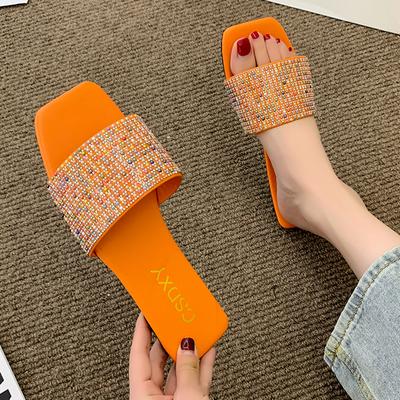 Rimocy Fashion Women Summer Slippers Square Toe Pearl Flat Slides Sandals Woman Outdoor Beach Flip Flops Casual Shoes Plus Size