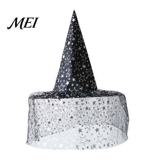 Fashionable Theme Event Hat Halloween Star Witch Hat, Mesh Veil Rose Feather Cone Black Costume Headwear for Women, Gothic Party Headwear, Adult A