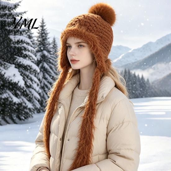 Outdoor Cycling Winter Hat Women Knitted Earflap Hat, Fuzzy Trim Pompom Soft Warm Small Face Effect Knit for Cycling, Cold Weather Daily Wear