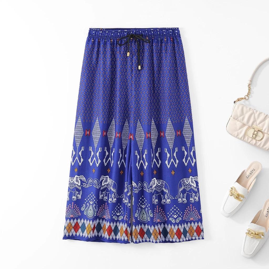 Elephant Capris Crop Pants Adjustable Elastic Waistband Rope Loose Legs Women Men Unisex Print Thailand Casual Streetwear Beach Bohemian Retro Vintage