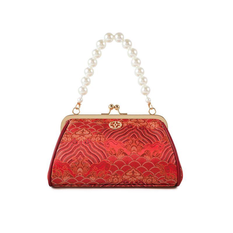

Light Luxury Cloisonne Enamel Embossed Embroidered Handbag Pearl Chain Handbag Shoulder Shoulder Dual-Use Bag Wedding Bag Red