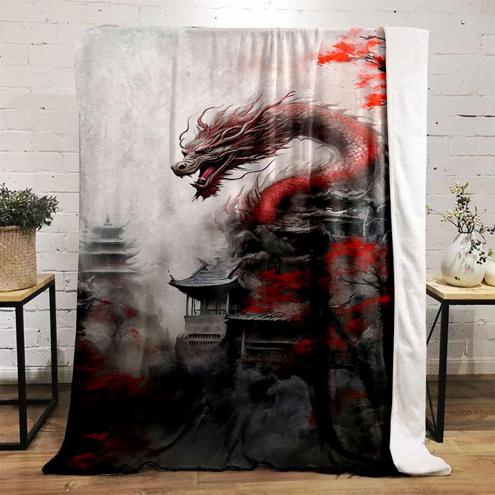 A red dragon surrounded by traditional architecture and vibrant trees. for all seasons blanket lunch break throw gift