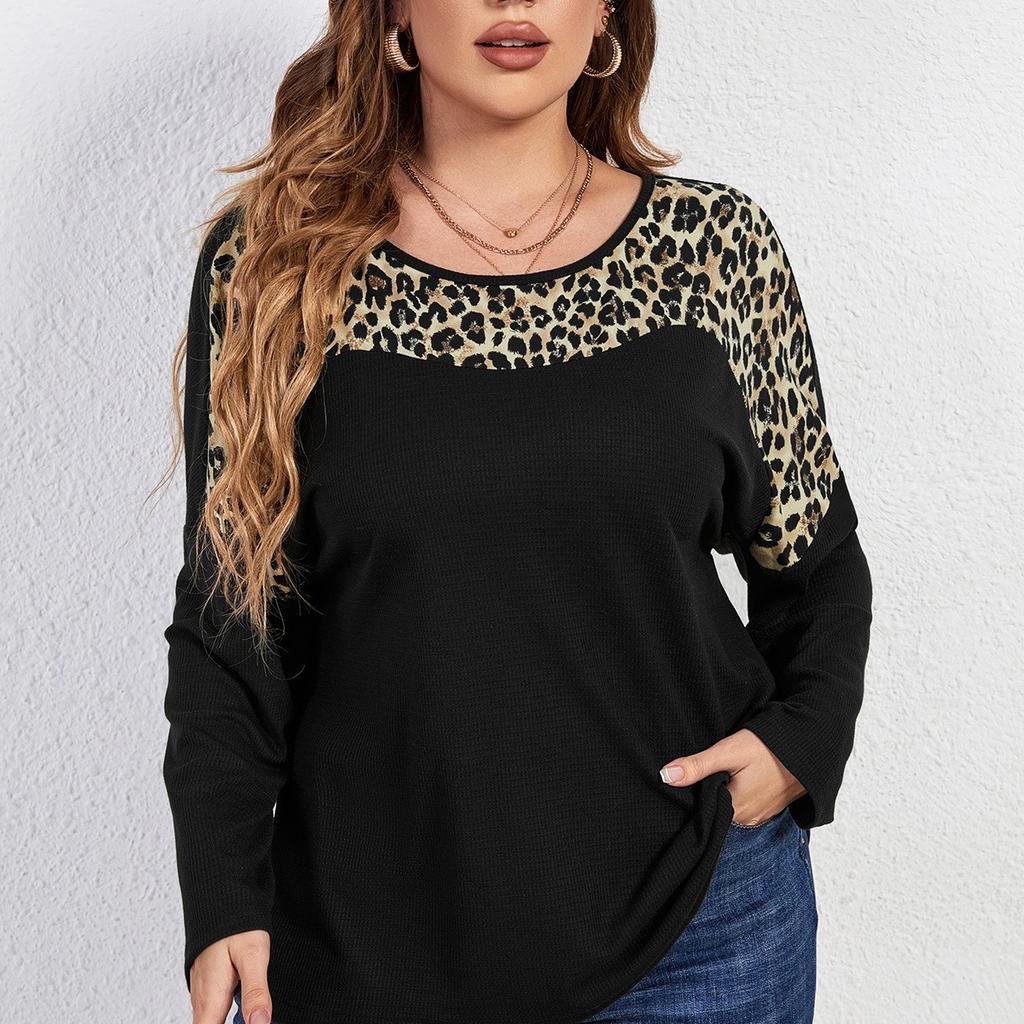 Patchwork-Hemd mit Leopardenmuster für Damen, Rundhalsausschnitt, lange Ärmel, lockeres, lässiges Sommerhemd, leicht, atmungsaktiv, bequem, modisch, Pendler-Plus-Shirt