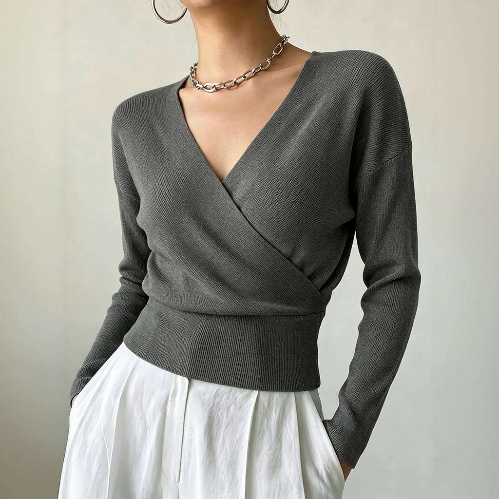 Women's Color Long Sleeve Cross Front Waist Tie Knit Top