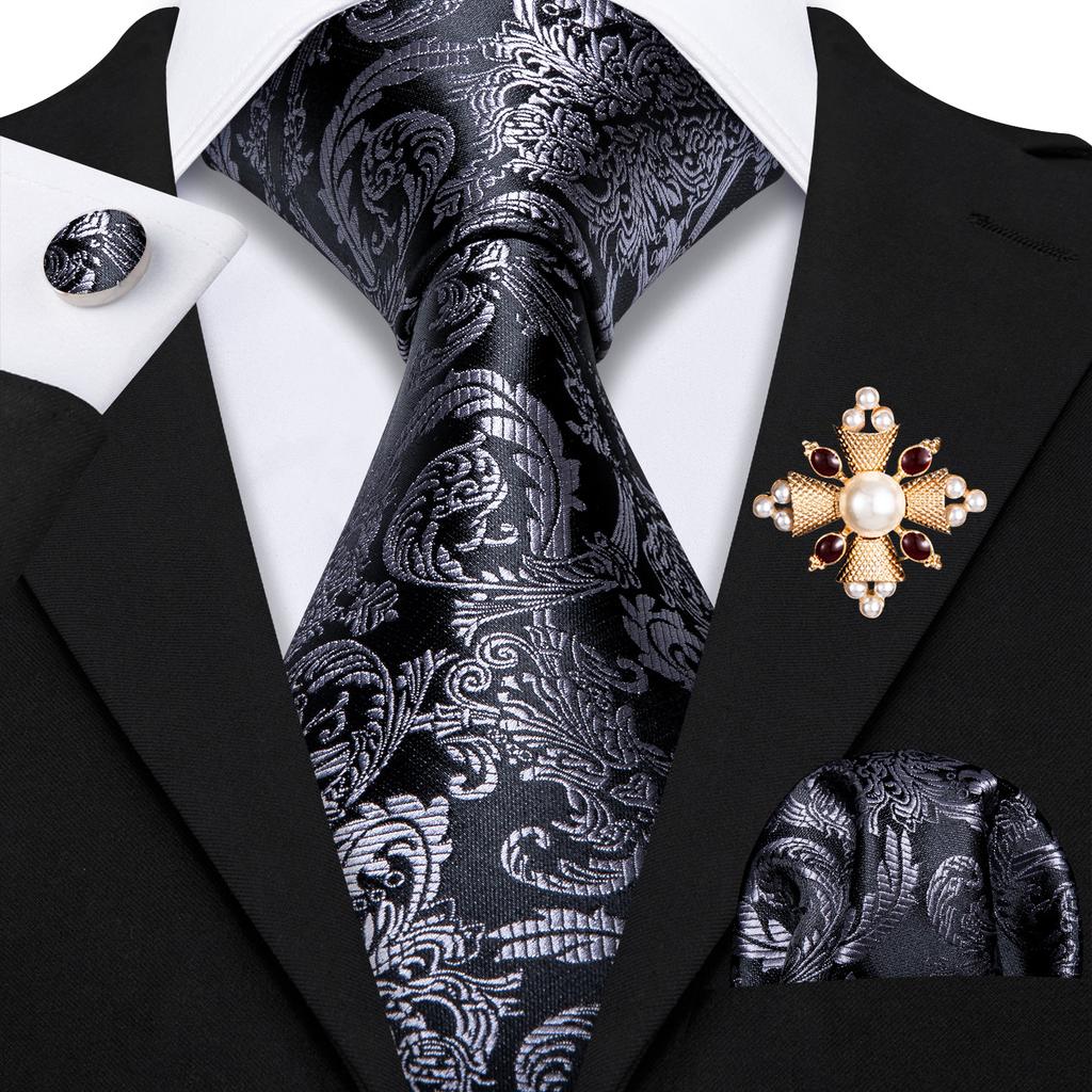 Barry.Wang Pearl sagė su kaklaraiščiu vyrams Paisley gėlių šilko kaklaraištis Hanky rankogalių sąsagų rinkinys