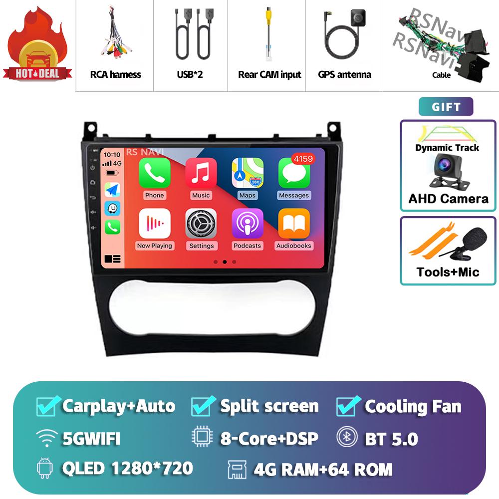 Android 14 Carplay Auto For Benz W203 Car Radio Player Multimedia Stereo Navigation 4G+WIFI AI Voice Head Unit DVD 360 Camera BT