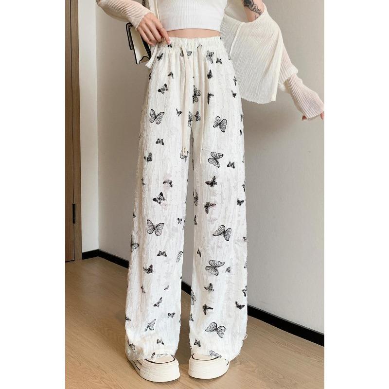 Wasteland Style Ripped Butterfly Printed Casual Pants for Women In Summer New Design Draped Straight Wide-leg Pants