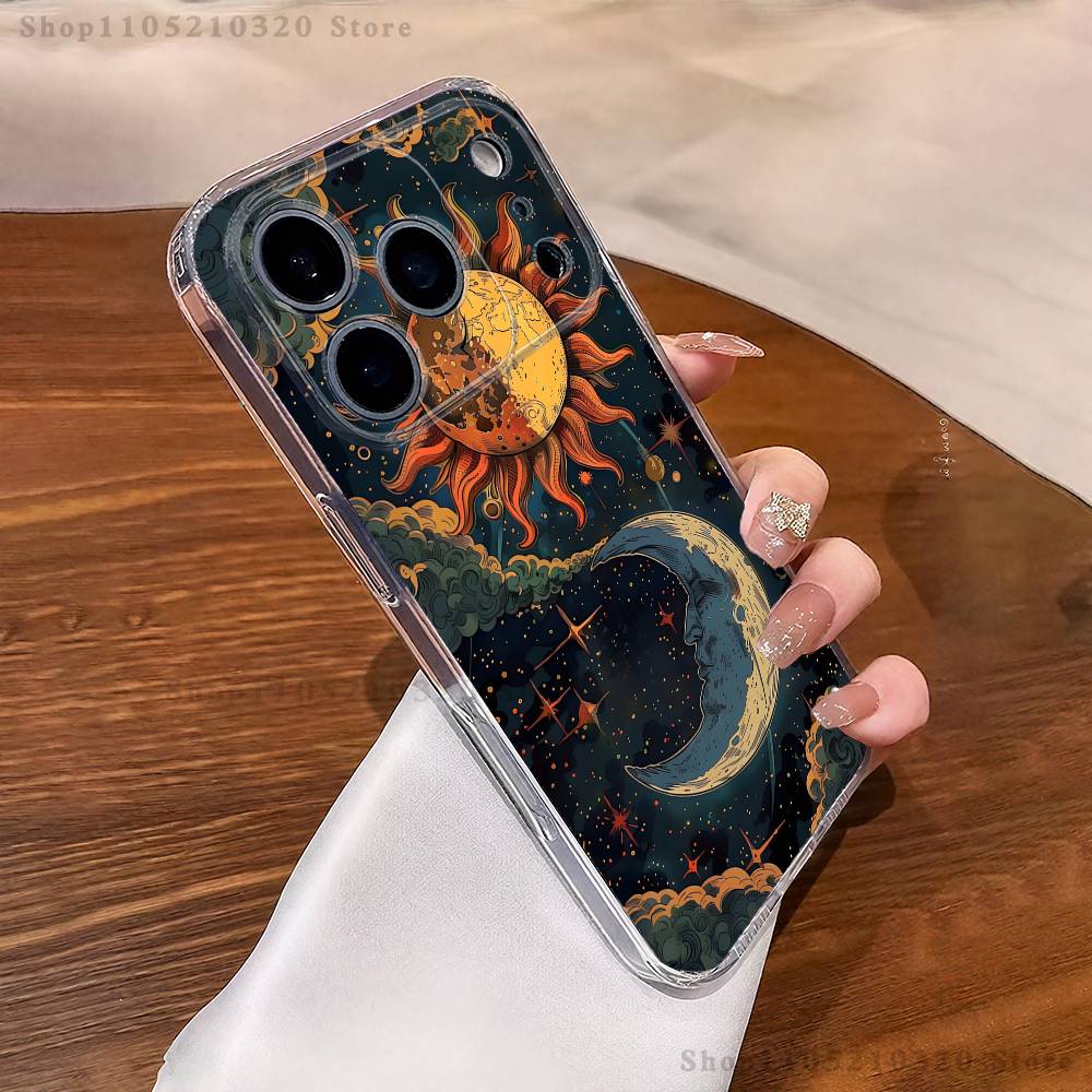 Aesthetic Print Sun Moon Phone Case For iPhone 17,16,15,14,13,12,11 Pro,Max,Plus,XR,Mini,E Clear Full-coverage Soft Cover