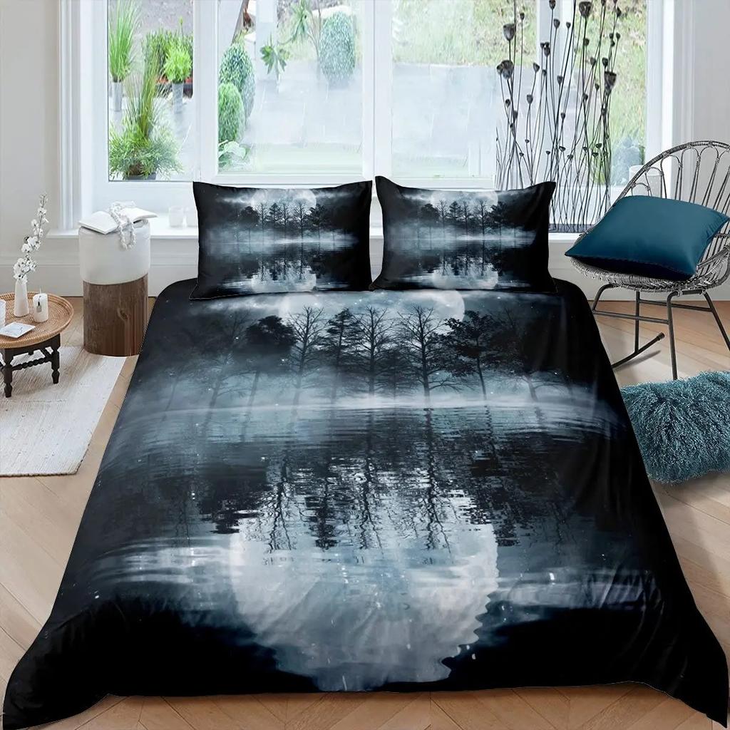 Seawater Bright Moon At Sea Starry Night Sky Galaxy Summer Hawaiian Holiday Comforter Cover,Deep Ocean Duvet Cover,Bedding Set