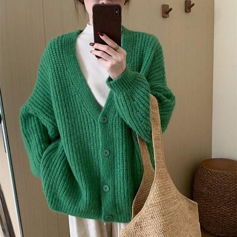 Thick Yarn Knitted Cardigan Office Loose Lazy Style Casual Sweater Coat Elegant Purple V-neck Shawl Outerwear