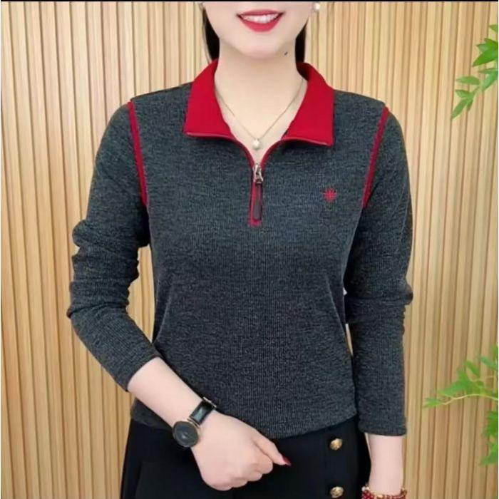 Spring & Autumn Half-Zip Color Block Embroidered Slimming Women's T-shirt