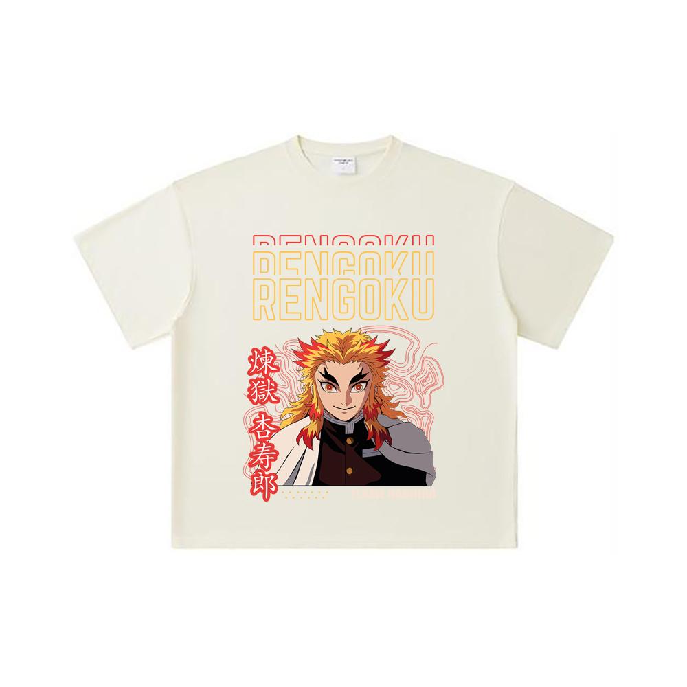 260 GSM Double Yarn 32 Count 100% Cotton Demon Slayer V117 Rengoku Print Unisex Heavy Cotton T Shirt