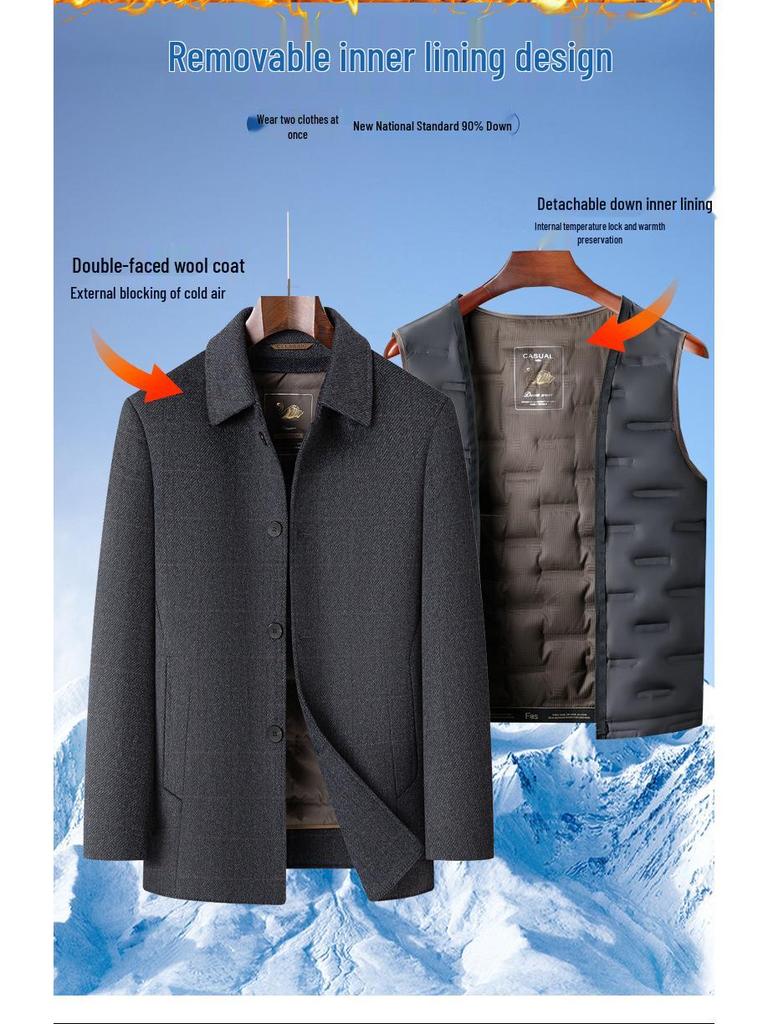 2025 Winter High-End Men's Wool Coat with Detachable Down Liner - Double-Sided Casual Jacket for Middle-Aged and Elderly
