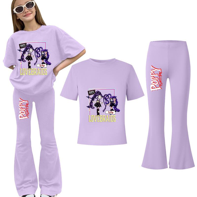 2pcs Kids Girls Lily Lovebraids Printed Casual Short Sleeves T-shirt Top Flared Trumpet Trousers Top Pants Sets
