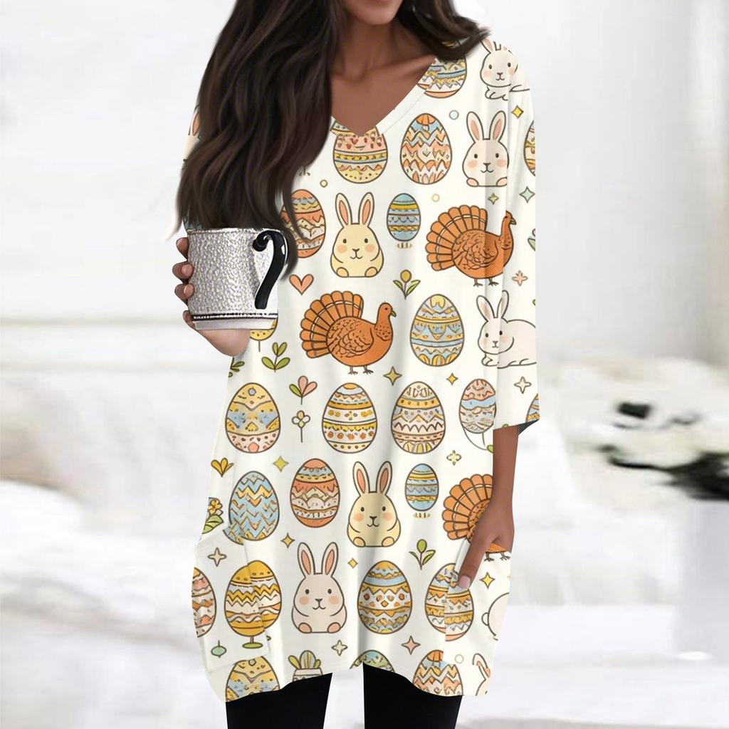 Womens Tops V-neck 3/4 Sleeve Blouses Casual Mid-length Shirts Fashion Print Tunic Tops With Pockets