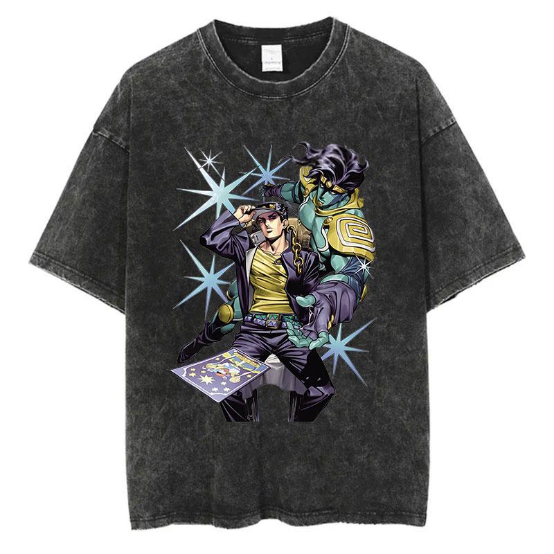 Vintage Washed TShirt Men Summer Hip Hop Streetwear T-shirt JoJo Bizarre Adventure Anime Print Cotton Casual Short Sleeve T-shirt Daily Wear Cool Top