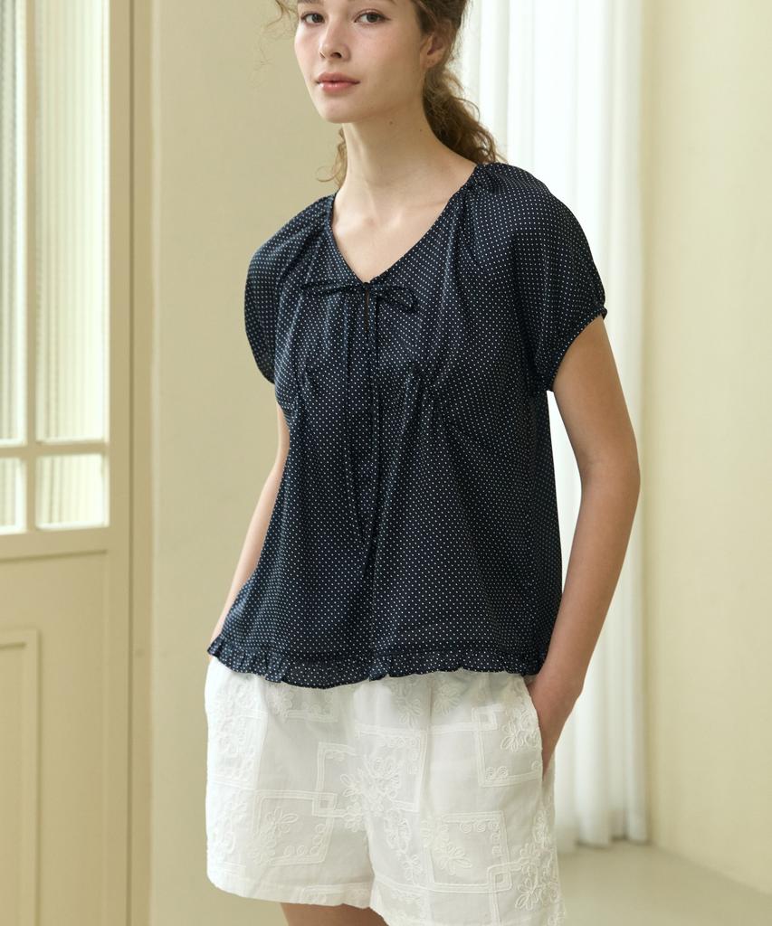 WIOE Satin Dot Ribbon Blouse_Navy
