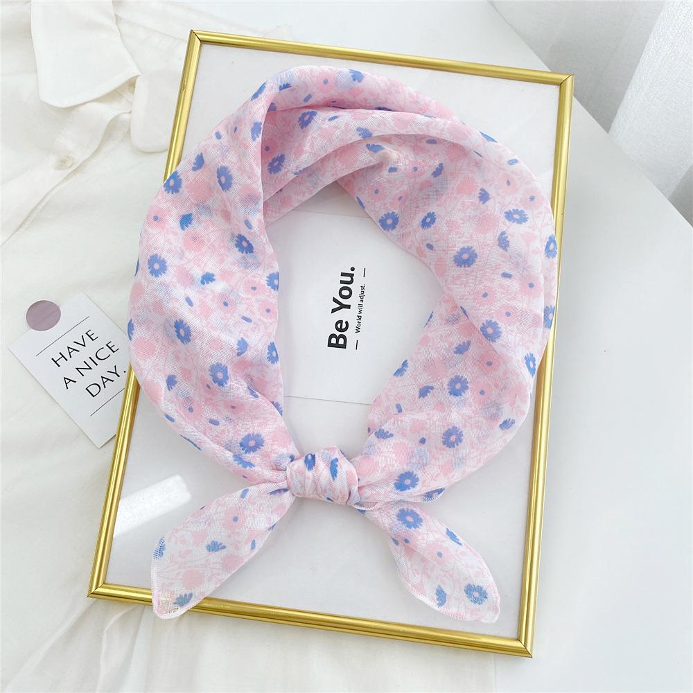 Floral Cotton Linen Silk Scarf: Women's Square Headband for Spring, Summer, Autumn - Korean Fresh Style