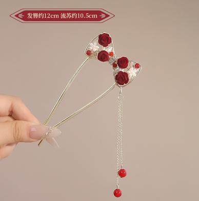 Chinese Style Rose Flower Hair Stick Hairpin For Women Red Flower Hair Comb Handmade Metal Alloy Headwear Girls Hair Accessories