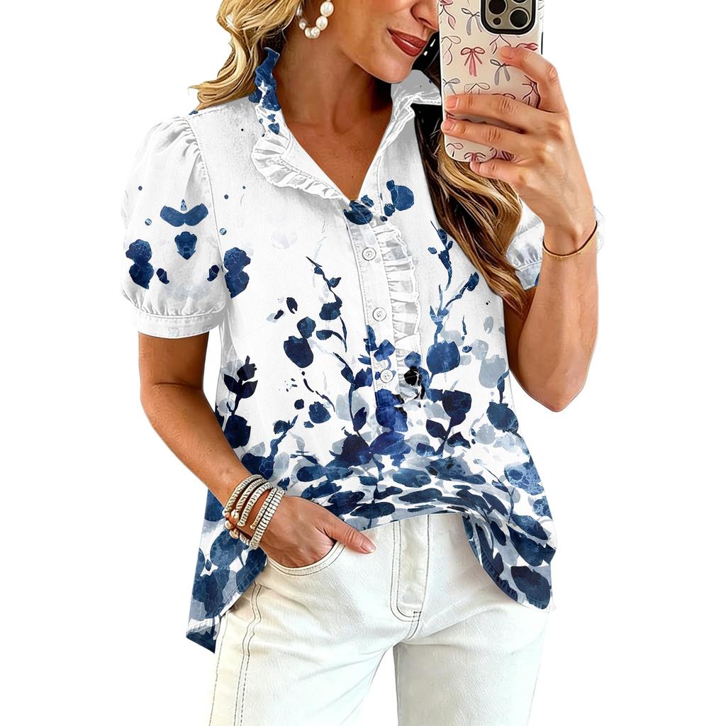 Women's Fashion Casual Ruffle V-Neck Print Blouse for Summer