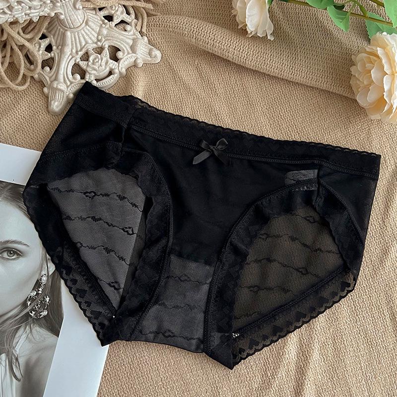 French Lace Ice Silk Mid-Waist Panties - Women's Sexy Semi-Transparent Seamless Briefs with Soft, Breathable Crotch