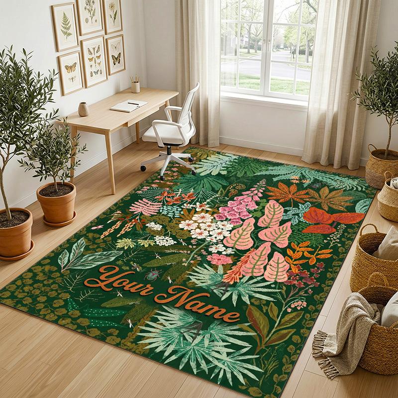Floral Garden Theme Crystal Velvet Rug Personalized Custom Name Text Soft Floor Mat Home Decor