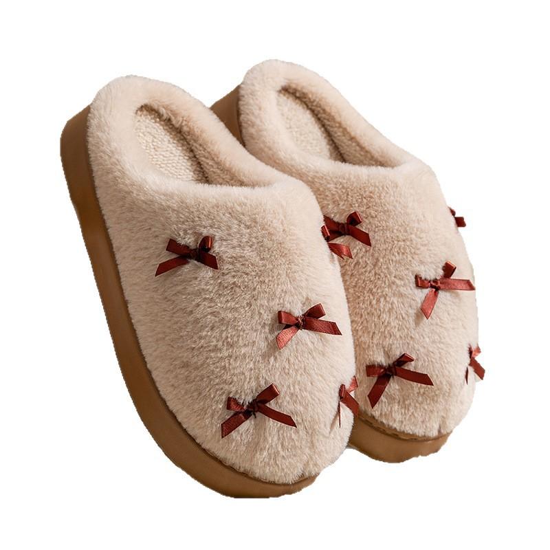Bow cotton slippers women's autumn and winter 2025 new indoor home non-slip thick bottom warm plush cotton mop